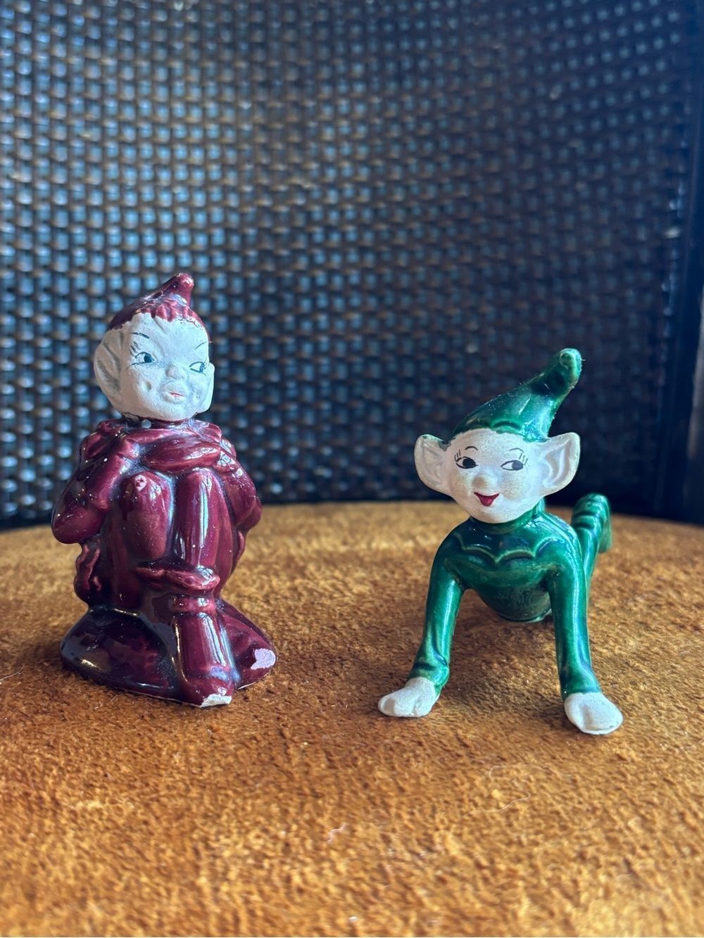 Vintage Ceramic Pixie Elf Figurines Set of 2 Red & Green Christmas Elves MCM